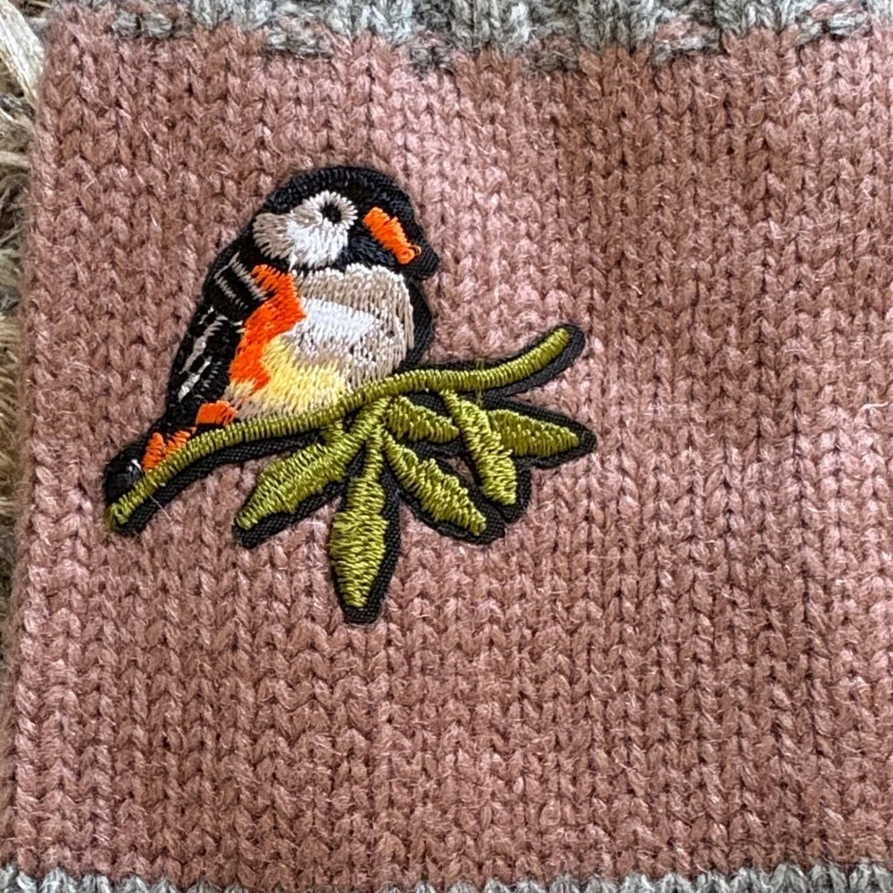 New! Handmade Bird Embroidered Fingerless Gloves in Dusty Rose and Gray